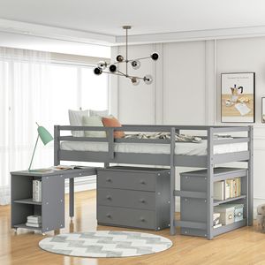 Letto a soppalco singolo Low Study con armadietto e scrivania portatile grigia su ruote per bambini - SKU LP000113AAE - Product Image 1