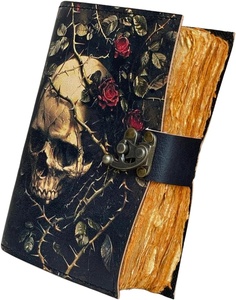 Diario de calavera hecho a mano antiguo Deckle Edge diario de papel 7x5 pulgadas cuaderno de cuero genuino con diseño de calavera y rosas Vintage - Product Image 1