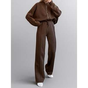 Women's Casual Winter 2 Piece Jogger Sets Oversized Sweatsuit Full <b>Zip</b> Long Sleeve Sweatshirt Wide Leg Sweatpants 100% Cotton - Product Image 3