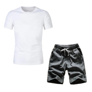 Men's Gray Crew Neck T-Shirt With Black Solid Shorts Casual Summer <b>Set</b> Breathable <b>Knitted</b> Cotton Outfit OEM ODM - Product Image 2