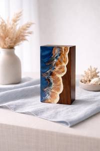 Urna de cremación de madera con diseño de olas oceánicas – Caja conmemorativa de resina hecha a mano para cenizas humanas, tamaño mediano 9x5.5 pulgadas - Product Image 2