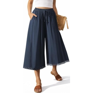 Women's <b>Linen</b> Capri Pants Wide Leg Flowy <b>Culottes</b> Summer Casual Lightweight Elastic Waist Drawstring with Pockets - Product Image 1