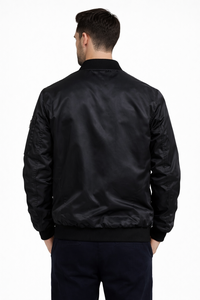 Blouson Bomber Noir Premium pour Homme, Classique, Zippé, Léger, Décontracté, Style Urbain, Coupe Ajustée, Col Côtelé, Style Motard, Manches Longues - Product Image 3