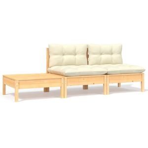 Juego de salón de patio de 3 piezas de madera de pino macizo con cojines crema Muebles de exterior duraderos - Product Image 1