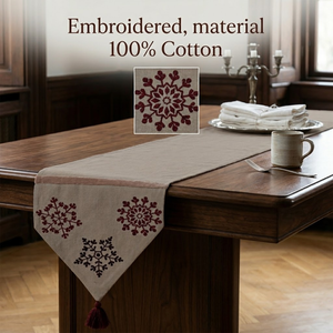 Camino de Mesa Beige con Copos de Nieve Bordados y Borlas, Tela Decorativa para Mesa de Comedor, para el Hogar y Fiestas | Decoración de Estilo Moderno - Product Image 4
