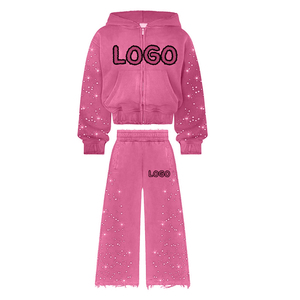 Custom Rhinestone <b>Tracksuit</b> Women Zip Up Hoodie Wide Leg Sweatpants <b>Y2K</b> Streetwear Two Piece Set Private Label Manufacturer - Product Image 3