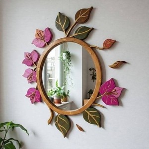 Espejo Redondo de Madera con Diseño Floral, Decoración de Pared Bohemia Hecha a Mano, Arte para Sala de Estar, Decoración del Hogar - Product Image 1