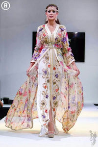 Two Piece Egyptian Wedding Wear Kaftan With Latest Floral Embroidery and <b>Beads</b> Work With Printed <b>Fabric</b> - Product Image 2