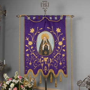 Luxury Purple Silk Church <b>Banner</b> Gold Bullion Wire Embroidered Our Lady of Sorrows Christian Ceremonial <b>Banner</b> - Product Image 1