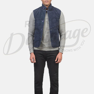 Chaleco Premium para Hombre, Azul Marino, de Cuero de Gamuza Acolchado, con Botones, Cuello Alto, Sin Mangas, Corte Ajustado, Acolchado, para Invierno - Product Image 4