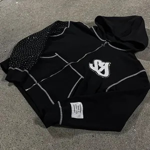 Sudadera con capucha negra para hombre con cremallera, logo de diamantes de imitación, estilo urbano de felpa francesa, corte oversize, para otoño - Product Image 2