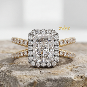 Sterling Silver Plated Lab Grown Radiant Cut Diamond Halo Engagement <b>Ring</b> <b>Split</b> Shank Pave Set Band Bridal Wedding Party High - Product Image 2