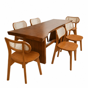 Elegant Suar <b>Wood</b> Minimalist Export Elysian Live Edge <b>Dining</b> Set Collection with Teak Rattan Chairs for Hospitality Use - Product Image 1