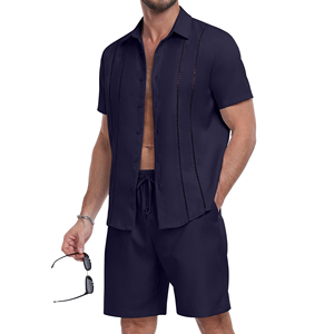 Men's <b>Short</b> <b>Sleeve</b> <b>Button</b> <b>up</b> <b>Shirt</b> And <b>Shorts</b> Set Solid Color Casual Summer Outfit Turn Down Collar Polyester Satin Fabric - Product Image 2