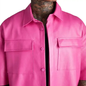 <b>Men's</b> Pink PU Short Sleeve Shirt <b>Jacket</b> Turn-down Collar Solid Color Casual <b>Summer</b> Loose Fit Regular Length - Product Image 2