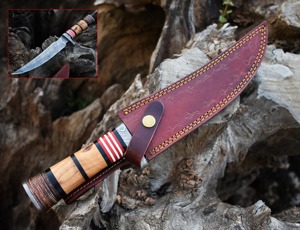 Couteau Bowie de camping artisanal de qualité industrielle en acier Damas avec manche en bois et résine, étui en cuir, 14 pouces - Product Image 5