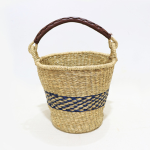 Panier de rangement rustique écologique en jonc de mer avec poignée en cuir, forme ronde, multifonctionnel, décoration d'intérieur - Product Image 5