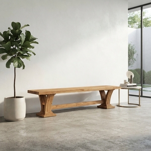 Banco largo Viola, moderno, de madera maciza, rectangular, elegante base de caballete, banco de comedor para decoración rústica y contemporánea del hogar. - Product Image 5