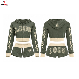 Wholesale Women Custom 2 Piece Shorts Set Custom Logo Cropped Hoodie <b>Velour</b> <b>Tracksuit</b> Streetwear Hoodie Short Set Sweatsuit - Product Image 3