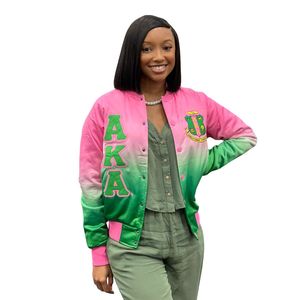 AKA Ombré Bomber <b>Jacket</b> <b>Pink</b> Green Satin Gradient Varsity Style Unisex Fashion Outerwear <b>Jacket</b> Apparel Collection - Product Image 2