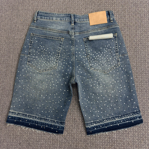 Pantalones Cortos de Mezclilla Baggy con Diseño de Cruz de Cristal, Logotipo Frontal, Bajo Deshilachado, Lavado, Estilo Y2K, con Pedrería, para Hombre, Venta al por Mayor, OEM ODM Personalizado - Product Image 6