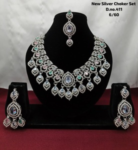 Indian Bridal Silver Plated CZ Choker Necklace <b>Set</b> Emerald Green & White Cubic Zirconia Heavy Choker with Earrings and Mang Tika - Product Image 1
