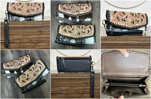 Portefeuille en cuir et peau de vache, fait main par un designer, avec bracelet, grande capacité, pour femme, parfait pour la mode western. - Product Image 3