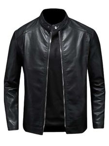 <b>Men's</b> <b>Black</b> Leather Winter Solid Front Custom Logo Stand Collar Zip Racer <b>Coat</b> Waterproof Breathable Lightweight OEM Service - Product Image 3