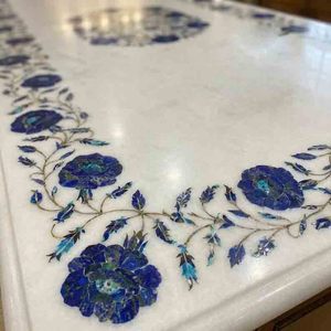 Comptoir d'îlot de cuisine en marbre de luxe – Plateau de table en marbre blanc fait main avec incrustation de pierre florale bleue - Product Image 2