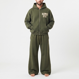 Ensemble survêtement vert olive à capuche, sweat-shirt et pantalon zippés, coupe ample, vêtements décontractés, molleton de coton, ensemble deux pièces pour homme - Product Image 5