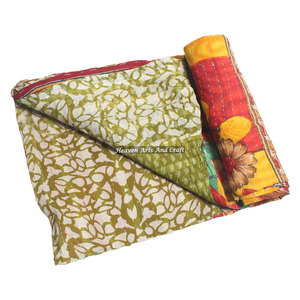 Luxurious Heavy Vintage Indian Handmade Kantha Bed <b>Quilt</b> Indian Reversible Hand Stitched Heavy <b>Throw</b> Old Sari Blanket Patch Work - Product Image 1
