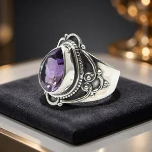 925 Sterling Silver Amethyst Statement Ring Handmade Vintage Gothic Cocktail Jewelry Purple Gemstone Ring - Product Image 4