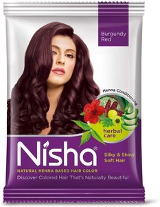 Henna natural en polvo Nisha para teñir el cabello en rojo burdeos, tinte para un cabello suave, sedoso y brillante para hombres y mujeres, 10g (paquete de 10) - Product Image 1
