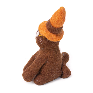 Figura de gato de lana hecha a mano con sombrero naranja, color marrón, para niños, juguete educativo, unisex, de 2 a 4 años - Product Image 4
