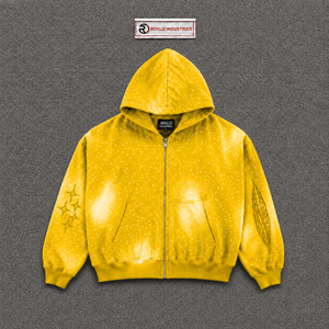 Sudadera con capucha oversize de felpa francesa para hombre, con pedrería, estampado de puntos y efecto tie-dye, estilo casual y moderno, color amarillo, corte regular. - Product Image 5