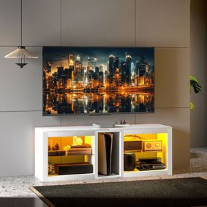 ขาตั้งทีวี55 "เงาสูงสีขาวพร้อมไฟ LED และเต้ารับไฟฟ้าชั้นปรับได้ตู้วางโทรทัศน์ - Product Image 2