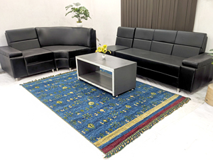 Tapis de salon Kilim rectangulaire bleu en laine noué à la main, avec envers antidérapant en laine, poils épais de densité moyenne, écologique - Product Image 1
