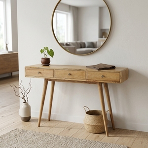 Meuble de salon en bois massif, buffet d'entrée de style moderne du milieu du siècle, avec 3 tiroirs, finition artisanale balinaise - Product Image 2