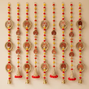 Traditional Woven Wall Hanging With Lotus Design Tassels For Diwali Indoor Decor Entryway Hanging - Product Image 1