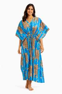 Robe kaftan florale pour femmes, robe maxi bohème, tenue de plage estivale, coupe ample, col en V, robe de vacances. - Product Image 3