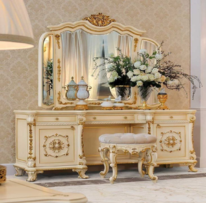 Luxurious white and gold carved wooden <b>dressing</b> <b>table</b> with large ornate mirror, available at wholesale prices. - Product Image 5
