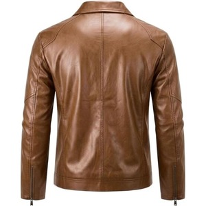 Chaqueta de Motociclista de Cuero Marrón para Hombre, Cierre Frontal con Cremallera, Corte Ajustado, Color Sólido, para Otoño - Product Image 4