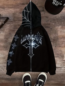 Sudadera con capucha negra con cremallera y pedrería, de forro polar oversize, con estampado de letras, estilo urbano para hombre y unisex - Product Image 1