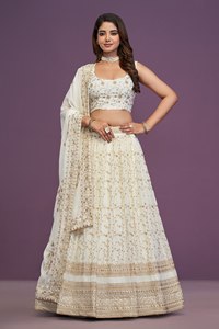 <b>White</b> Georgette <b>Lehenga</b> Choli Wholesale Indian Wedding Wear Embroidery Zari Sequence Work Bridal Semi Stitched <b>Lehenga</b> Set - Product Image 4