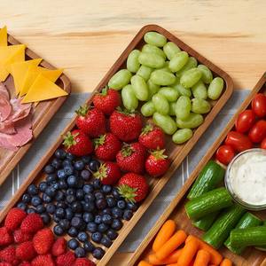 Ensemble de 3 plateaux de service modernes en bois d'acacia écologiques faits à la main, plateaux décoratifs rectangulaires sans danger pour les aliments avec poignées surélevées pour la maison - Product Image 6