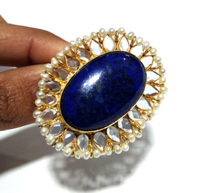 Natural Lapis Lazuli Oval Gemstone <b>Ring</b> Pearl Border 925 Silver Plated Handmade Bohemian Style Third Party Certified Statement - Product Image 6