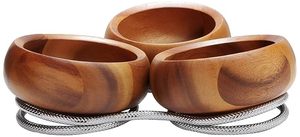Ensemble de 3 bols de service en bois faits à la main avec support métallique décoratif, vaisselle rustique pour collations, salades, fruits - Product Image 3