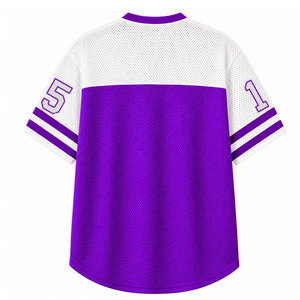 Chemise en jersey à mailles pour femmes de la sororité NCV, col en V, manches courtes, couleurs violet et blanc contrastées, respirante, décontractée - Product Image 2