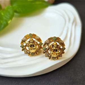 Antique Lakshmi Stud Earrings-Gold Plated Stainless Steel & Brass with Asscher Cut Diamond Opal Pearl & Zircon - Product Image 2