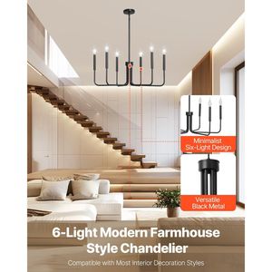 Lustre moderne à 6 lumières de style farmhouse, hauteur réglable, noir, luminaire suspendu pour salle à manger, certifié CE - Product Image 2